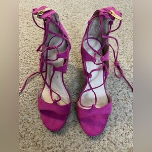 Marc Fisher Size 8.5 Pink Faux Suede Lace Up Heeled Sandals
